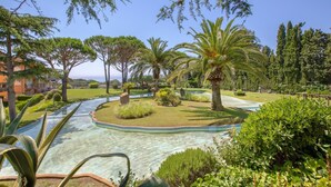A landscaped garden with a pool, palm trees, and a building in the background. - Illa 23 in Calella de Palafrugell (Palafrugell)