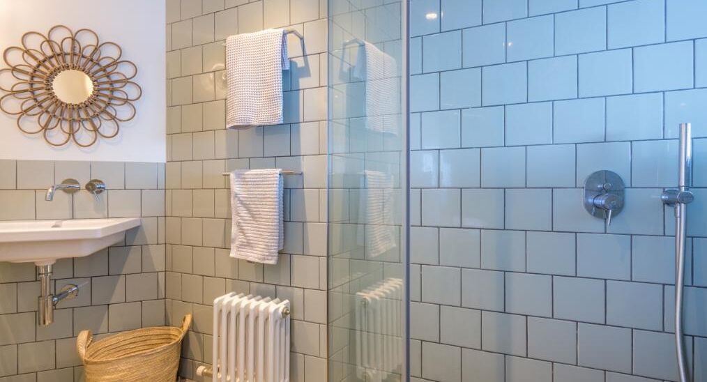 A bathroom with a glass shower enclosure, a white sink, and a decorative mirror.