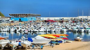A marina with numerous boats docked, a blue building, and a sandy shore. - Sa Palomera in Blanes (Blanes)