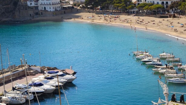 A coastal marina with boats docked, a sandy beach, and buildings in the background. - Carena 2 in Llafranc (Palafrugell)