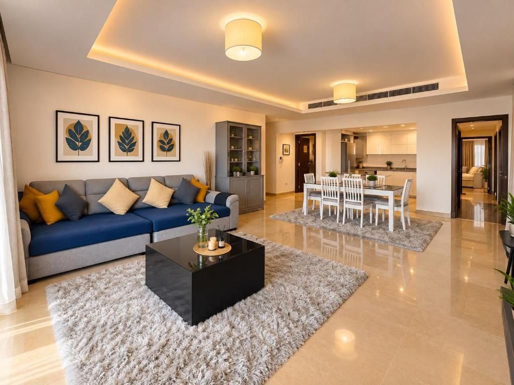 A modern living room with a sofa, coffee table, and artwork on the wall.