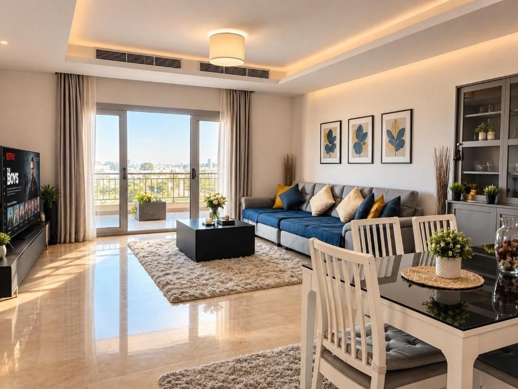 Una sala moderna con sofá, mesa de centro y comedor.