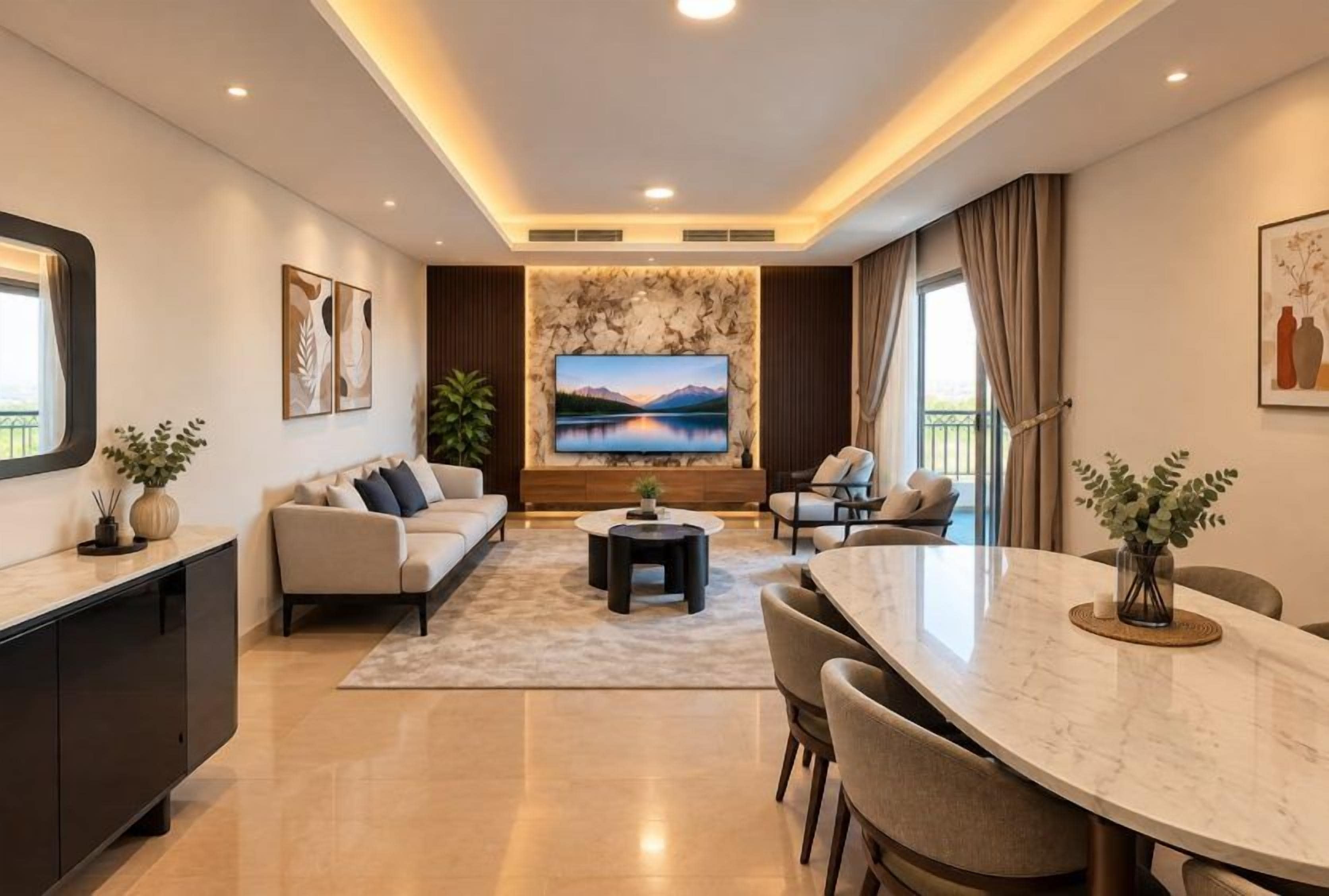 A modern living room with a sofa, TV, dining table, and chairs.