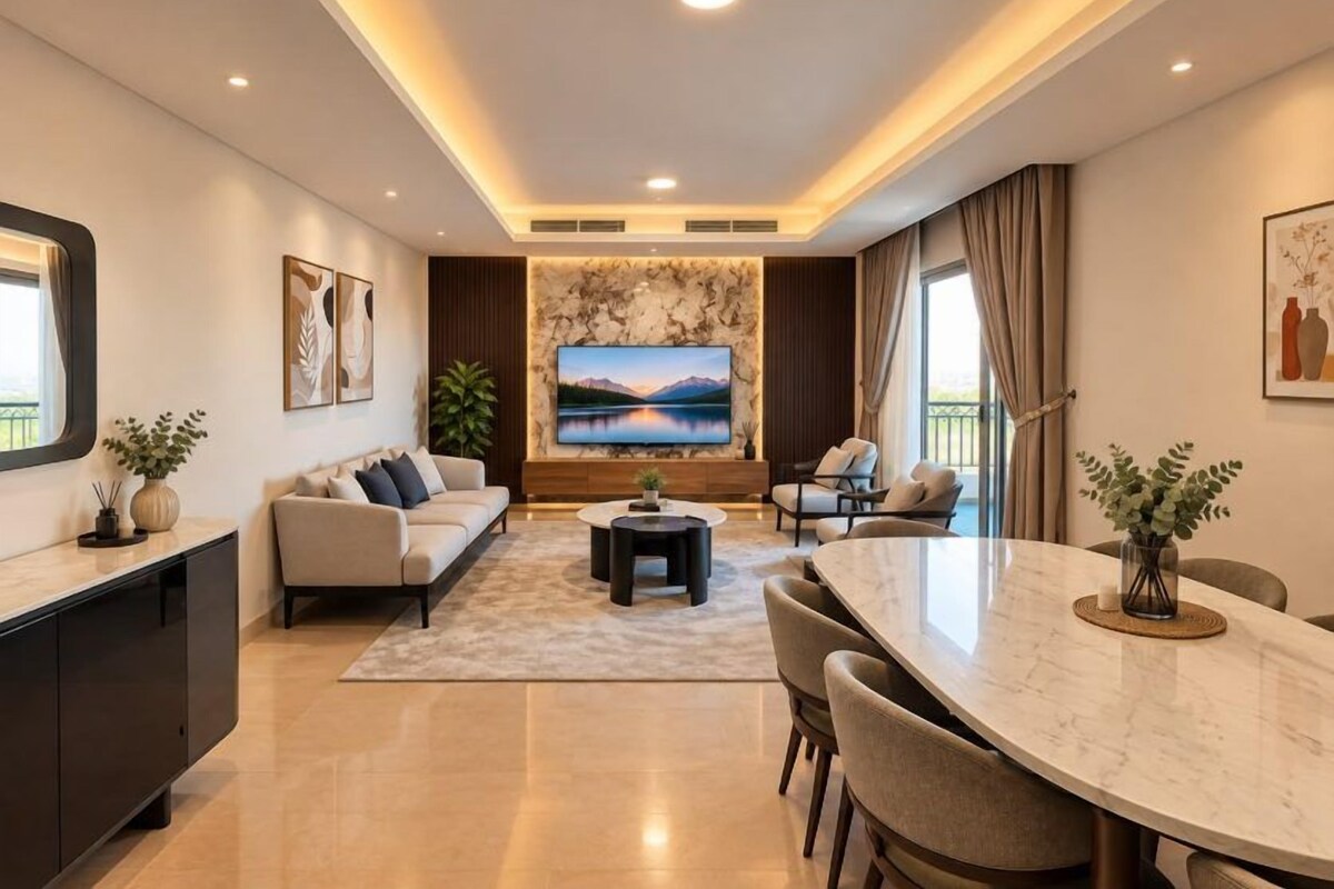Een moderne woonkamer met een bank, televisie, eettafel en stoelen.