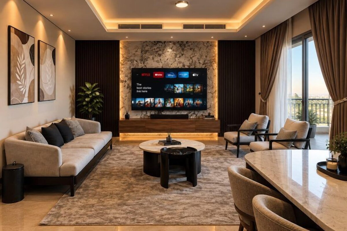 Departamento Deluxe, 2 habitaciones, vista a la ciudad | Área de sala de estar | Netflix y servicios de streaming 