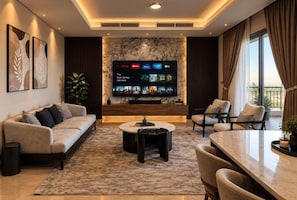 A modern living room with a flat-screen TV, a sofa, a coffee table, and a dining area. - VESTA - Cairo Festival City Residence (New Cairo)