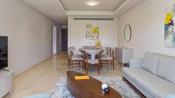 Deluxe Apartment, 2 Bedrooms, City View | Living area | Netflix, streaming services