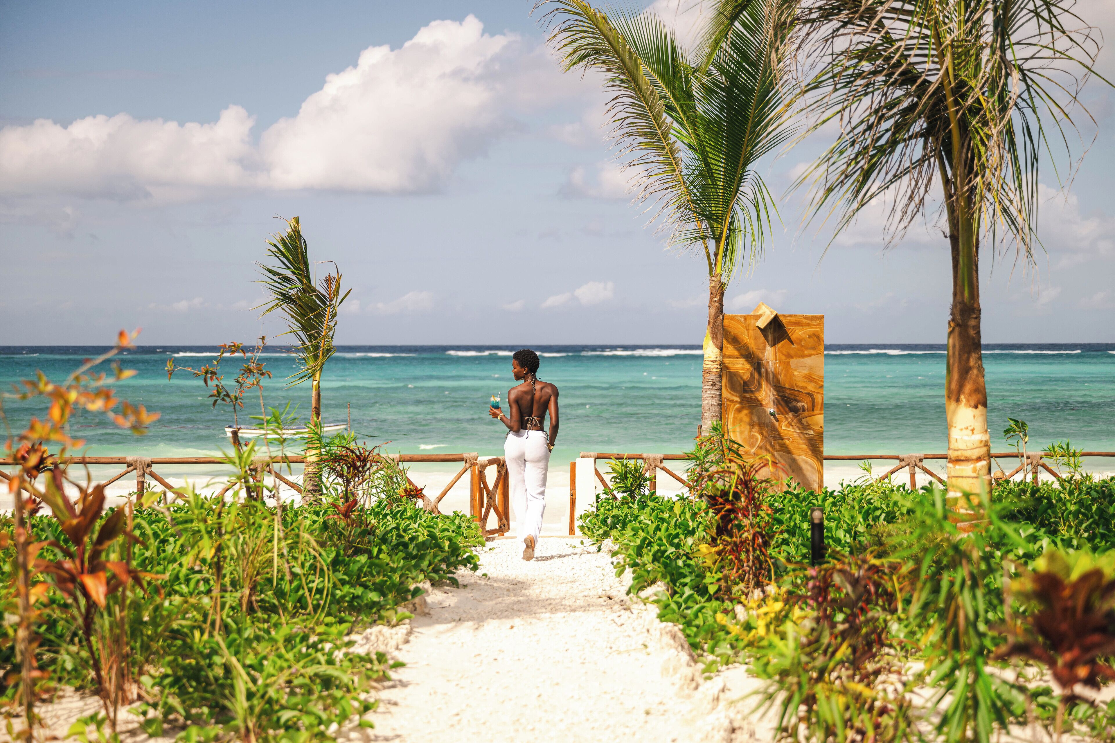 A pathway leading to a beach with a wooden structure and palm trees.