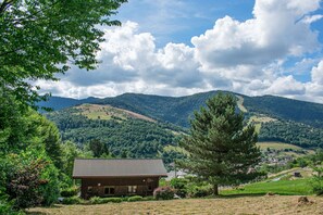 A rustic wooden house with a tiled roof, surrounded by lush greenery and a mountainous landscape. - Entire chalet, panoramic views, stream and sauna. (Bussang)