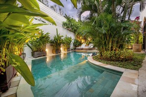 A swimming pool surrounded by lush greenery and a white wall.