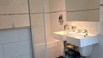 Hair dryer, towels, soap, shampoo