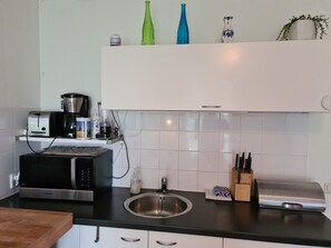 Fridge, microwave, dishwasher, coffee/tea maker
