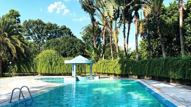 A rectangular swimming pool with a clear blue water surface, surrounded by lush greenery and palm trees. - Kazi Resort & Hotel (Kapasia)