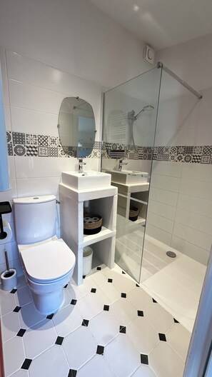 Shower, towels, soap, toilet paper