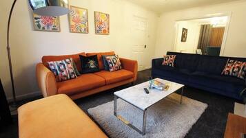 Smart TV, fireplace, books