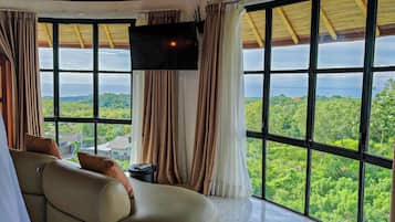 Una habitación con un ventanal grande, un sofá y una televisión.