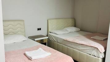 Un dormitorio con dos camas, una mesita de noche y un equipo de aire acondicionado.