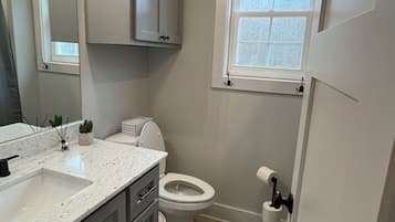 Hair dryer, towels, soap, shampoo