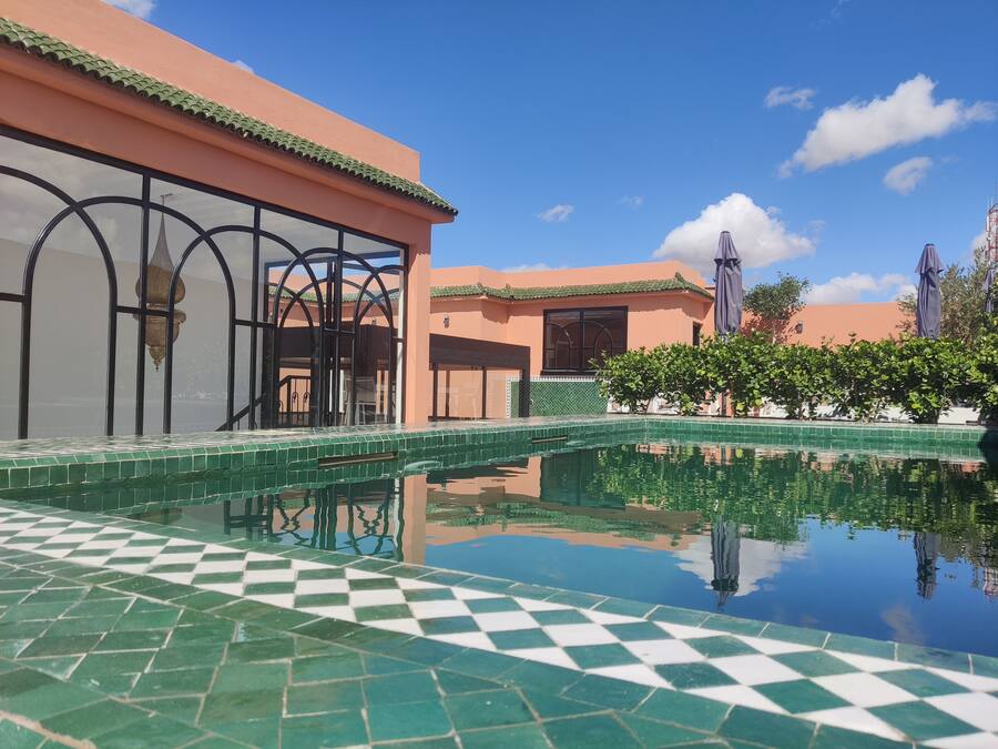 Outdoor pool, pool umbrellas, pool loungers