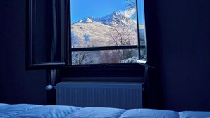 A bedroom with a large window offering a view of snow-covered mountains.