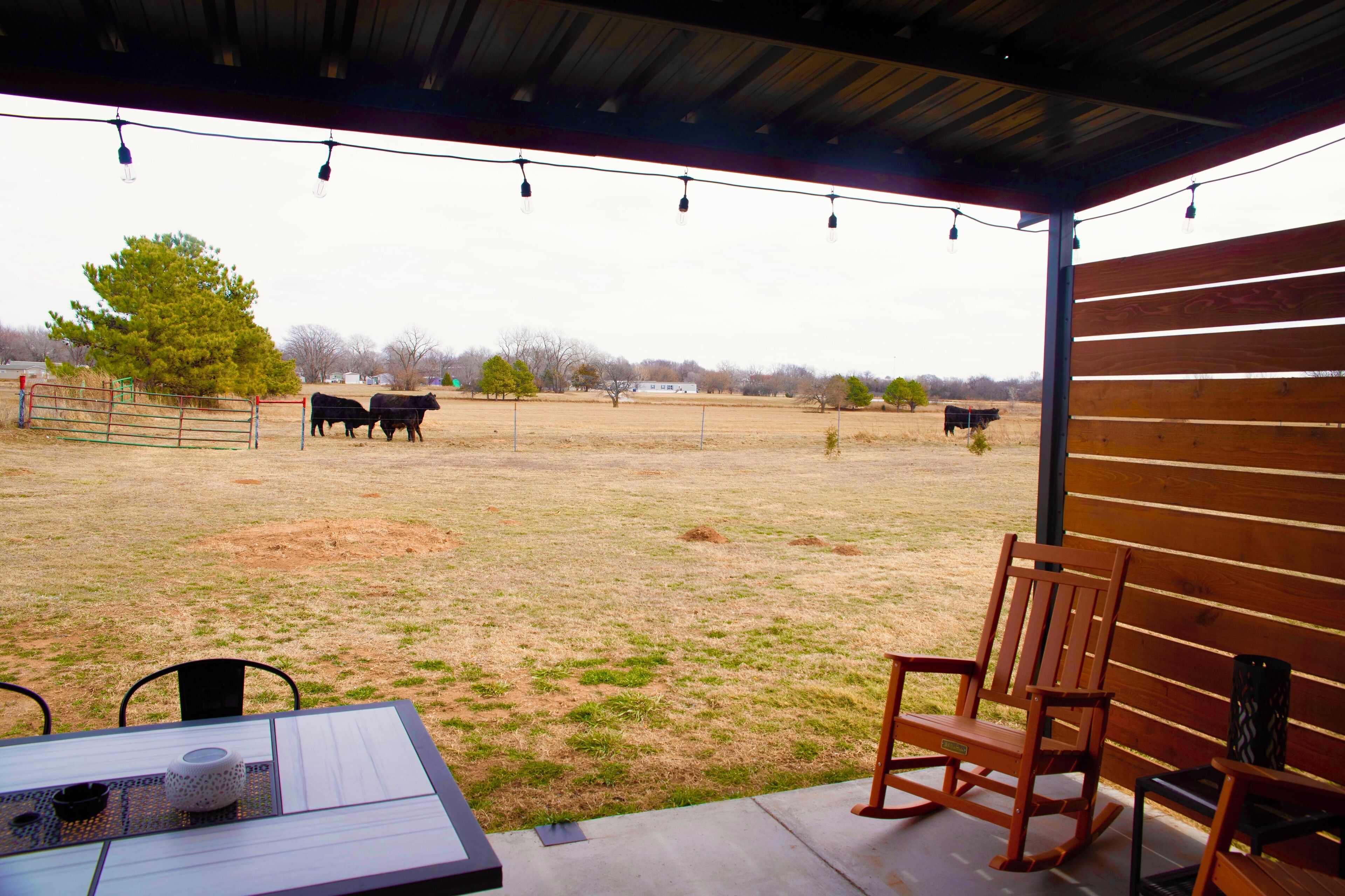Un espacio de estar al aire libre cubierto con una mesa y sillas, con vistas a un pastizal cercado con vacas.