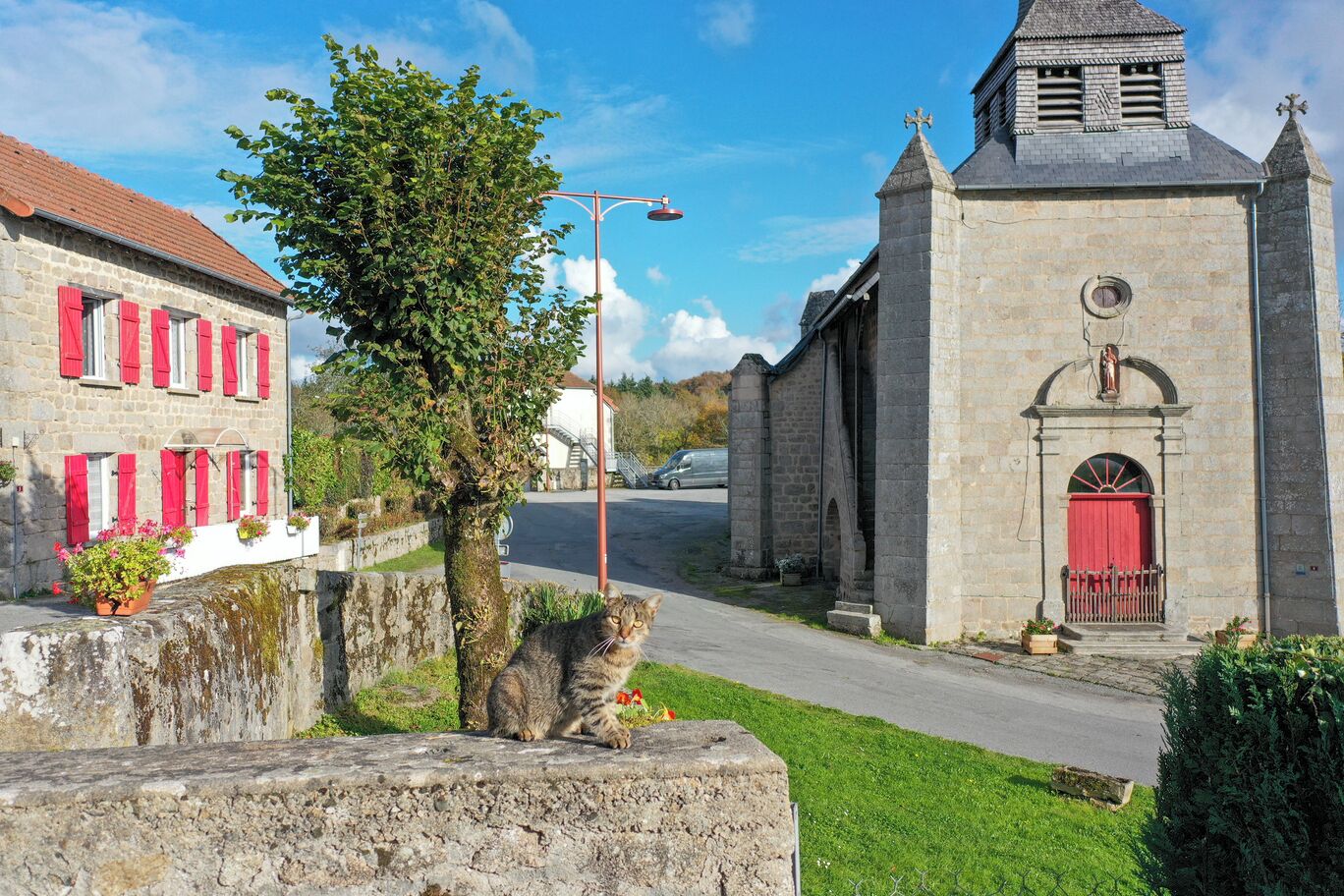A stone church with a bell tower and a red door, a stone building with red shutters, and a tree in the foreground.
