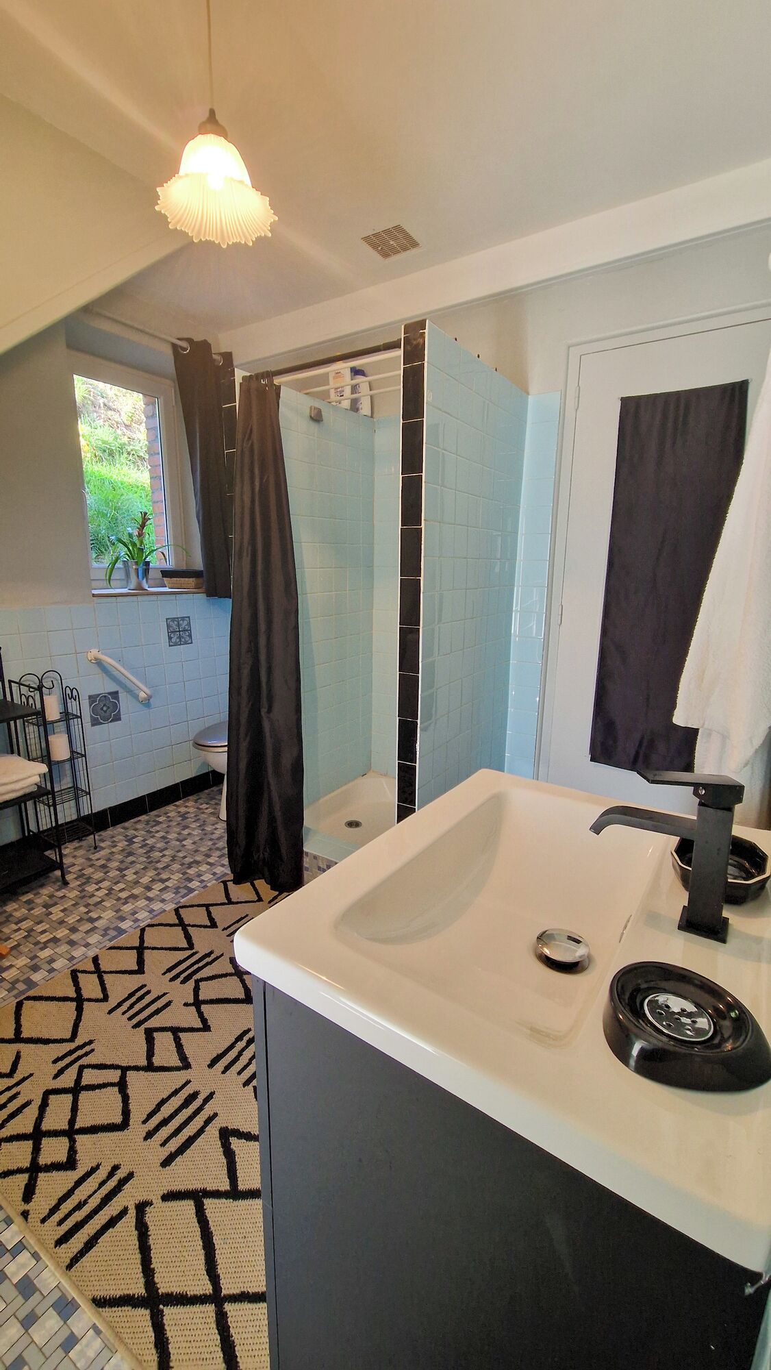 Hair dryer, towels, soap, toilet paper