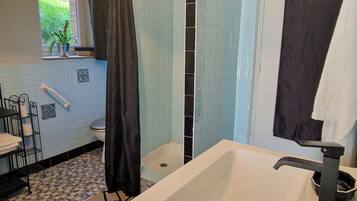Hair dryer, towels, soap, toilet paper