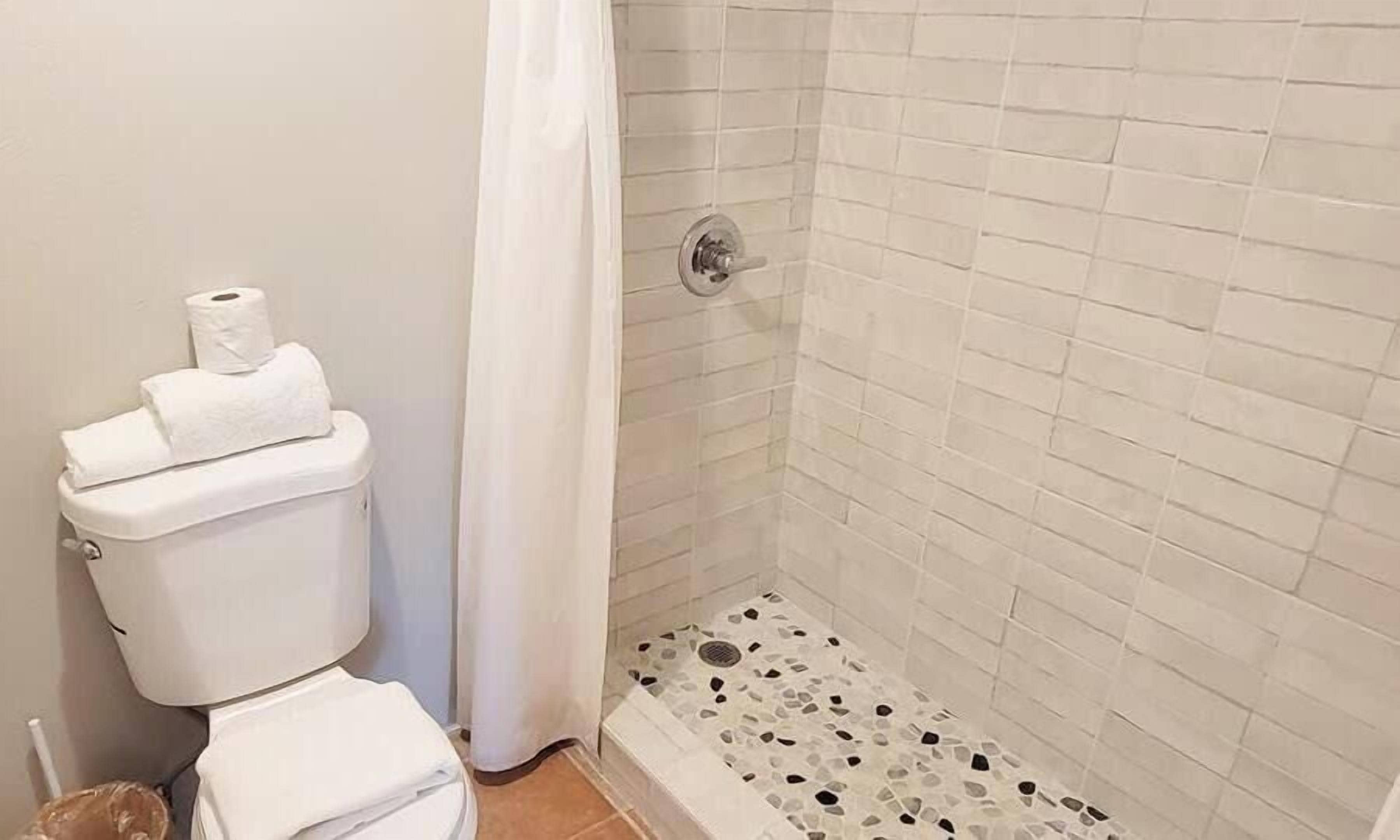 Ein Badezimmer mit Toilette, einer Dusche mit Mosaikfliesen und einem Vorhang.