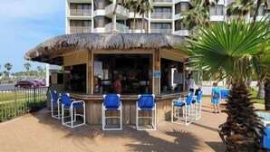 An outdoor bar area with a thatched roof, blue chairs, and a palm tree. - Resort-like Beachfront - Heated Pool (South Padre Island)