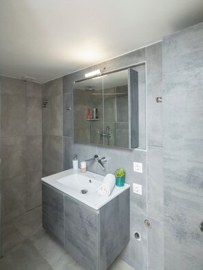 Hair dryer, towels, soap, toilet paper
