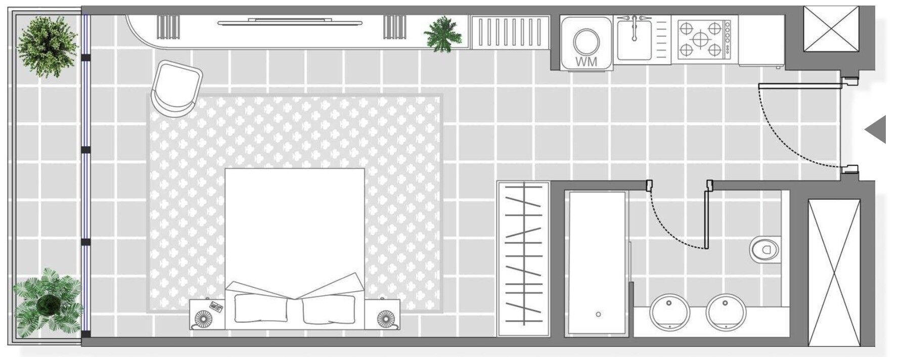 A floor plan of a hotel room with a bed, a desk, a window, a bathroom, and a small balcony.