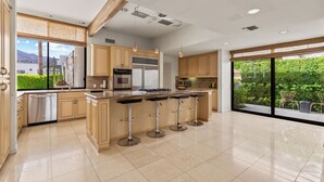 A modern kitchen with a central island, bar stools, stainless steel appliances, and large windows offering a view of greenery.