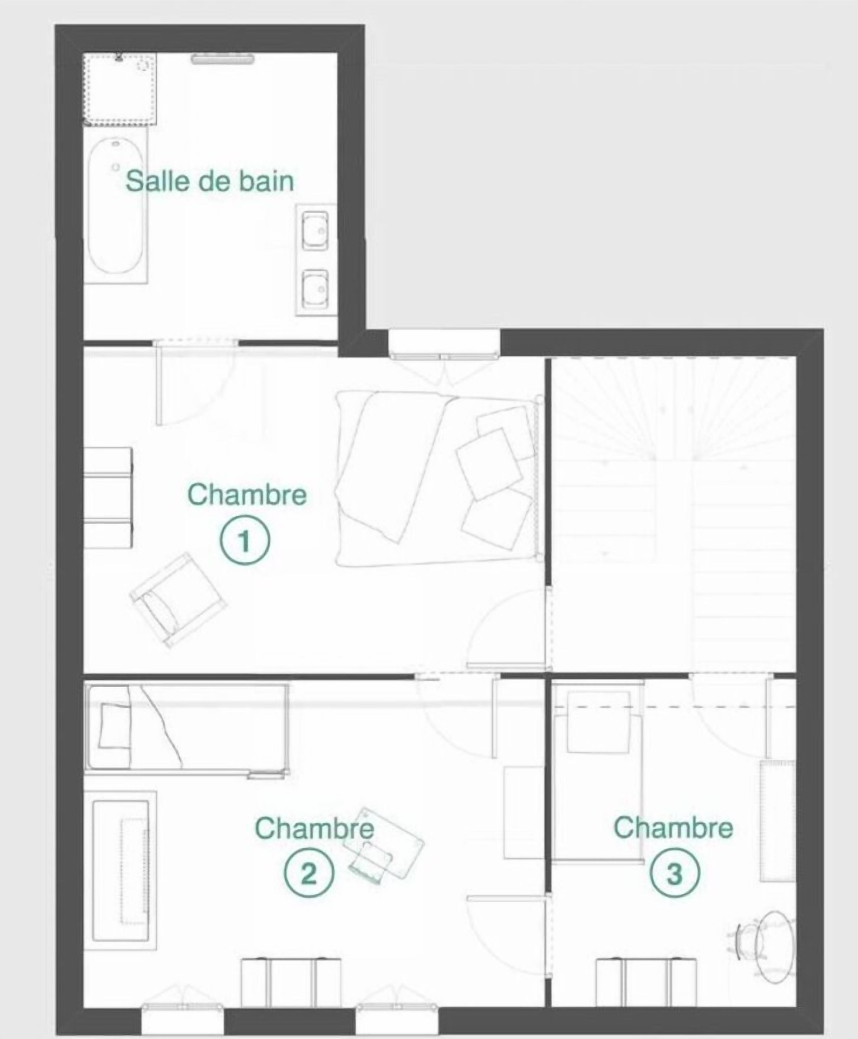 Plano de planta que muestra un baño, tres dormitorios y una sala de estar.