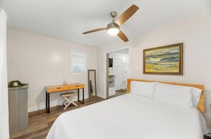 1 bedroom, desk, iron/ironing board, travel cot