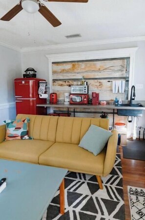 Smart TV, fireplace, books