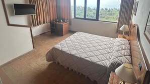 A bedroom with a large bed, a TV, a desk, and a view of the outdoors.
