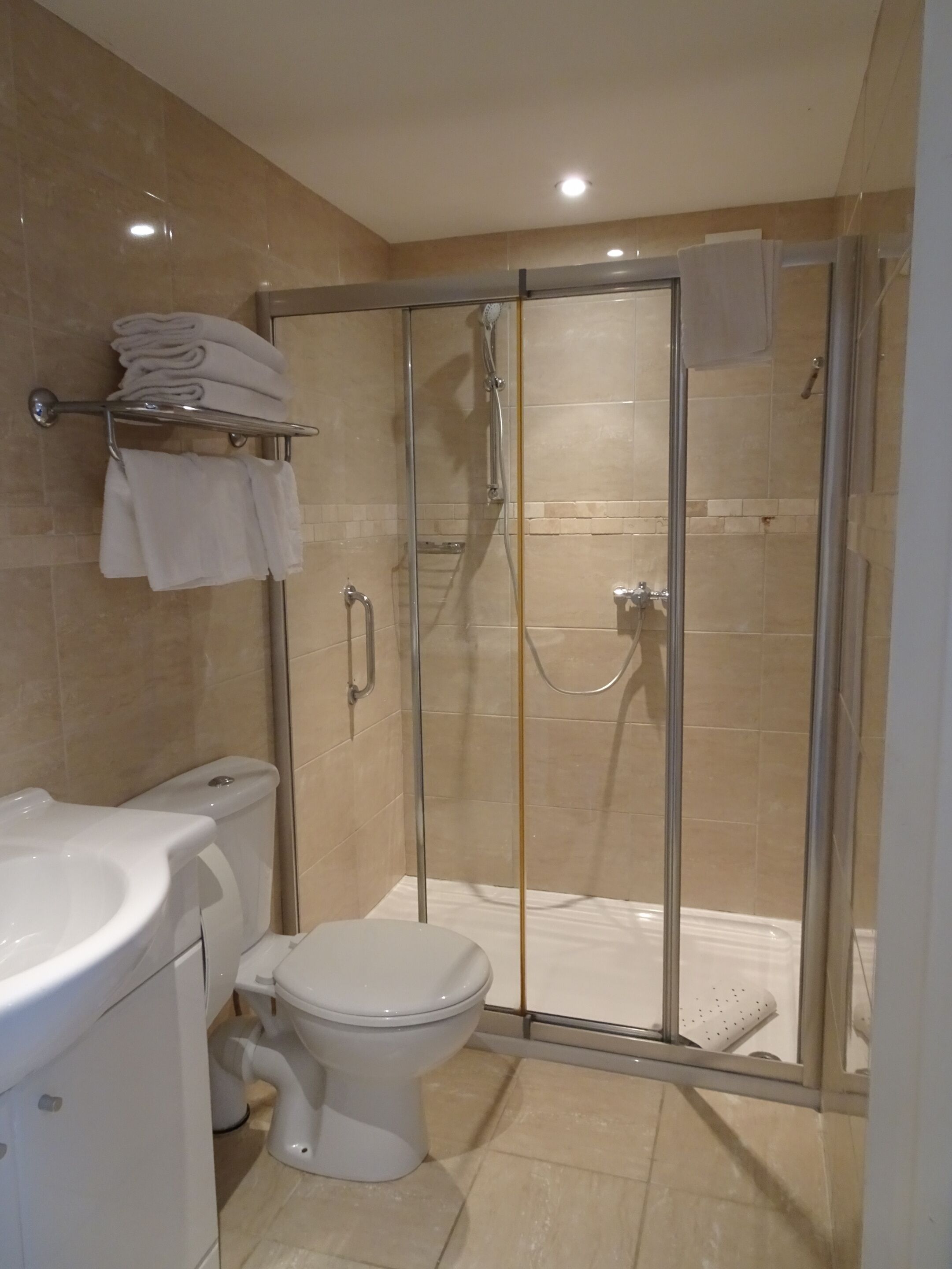 A modern bathroom with a glass-enclosed shower, a toilet, and a sink.