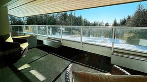 Ein modernes Interieur mit Holzboden, einer Glastrennwand mit Blick auf eine verschneite Landschaft und einer Sitzecke mit einem gewobenen Korb.