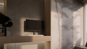 A modern interior with a flat-screen TV on a wooden desk, a minimalist design, and a large window with a tree mural. - Bellettinihome (Cervia)