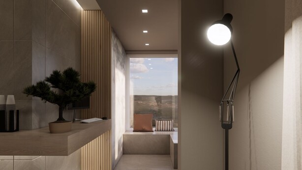 A modern hallway with a wooden bench, a potted plant, and a floor lamp. - Bellettinihome (Cervia)