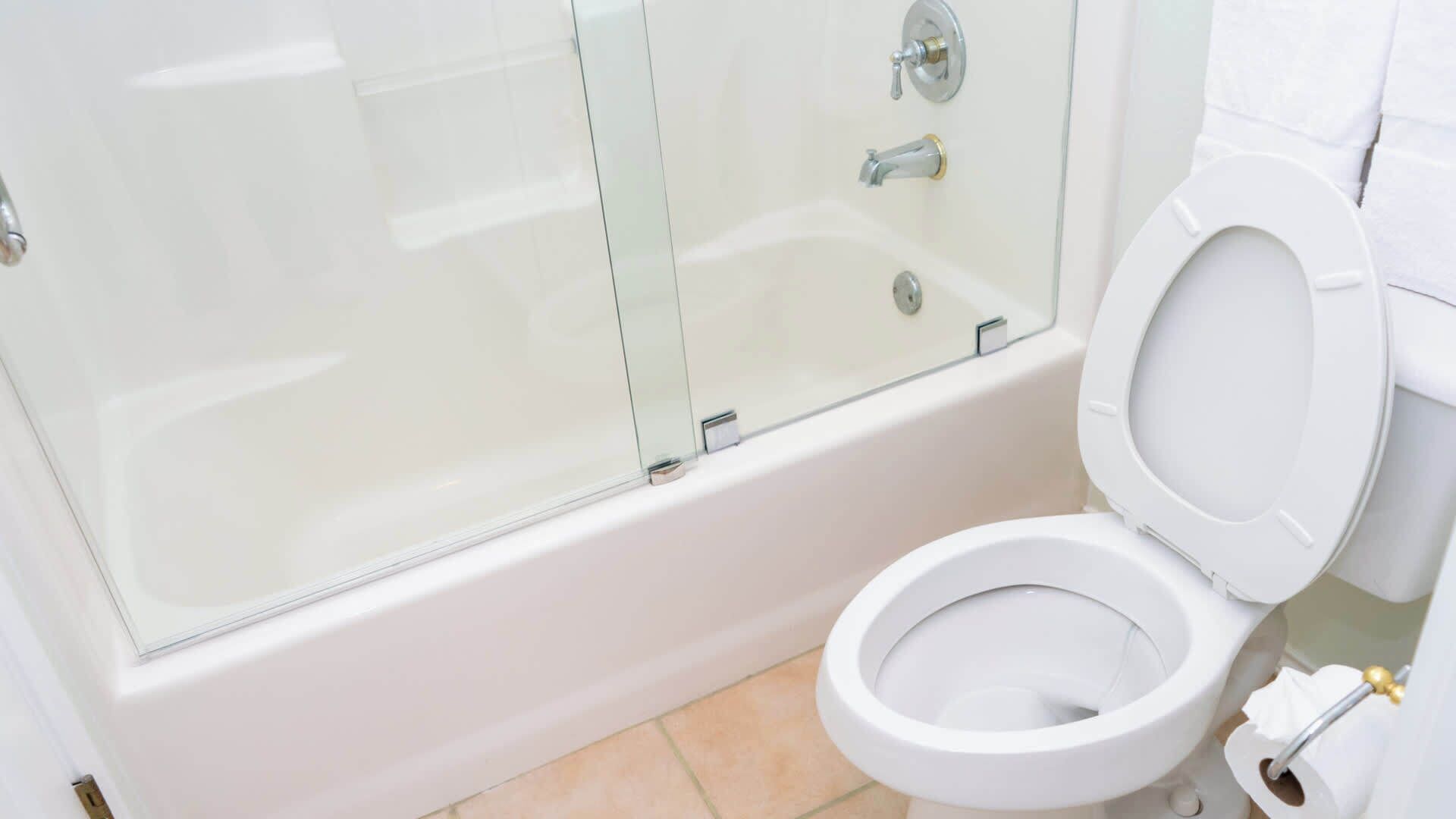 A modern bathroom with a glass-enclosed shower, a white toilet, and a visible toilet paper holder.