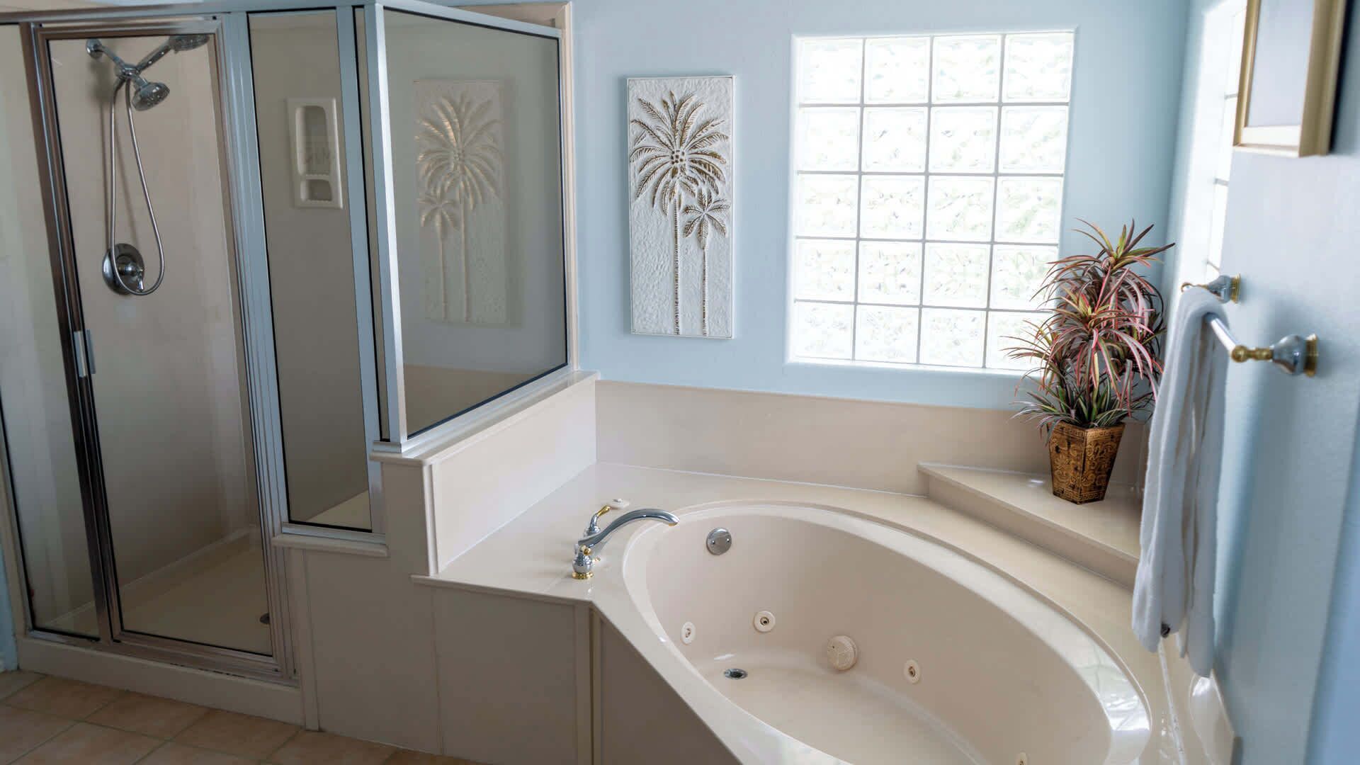 A bathroom with a walk-in shower, a freestanding bathtub, and a window with a view.