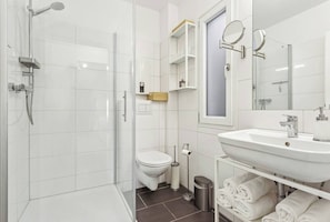 Shower, towels, soap, toilet paper