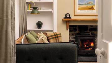 Una Smart TV, una chimenea, un reproductor de DVD, libros
