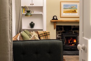 Smart TV, fireplace, DVD player, books