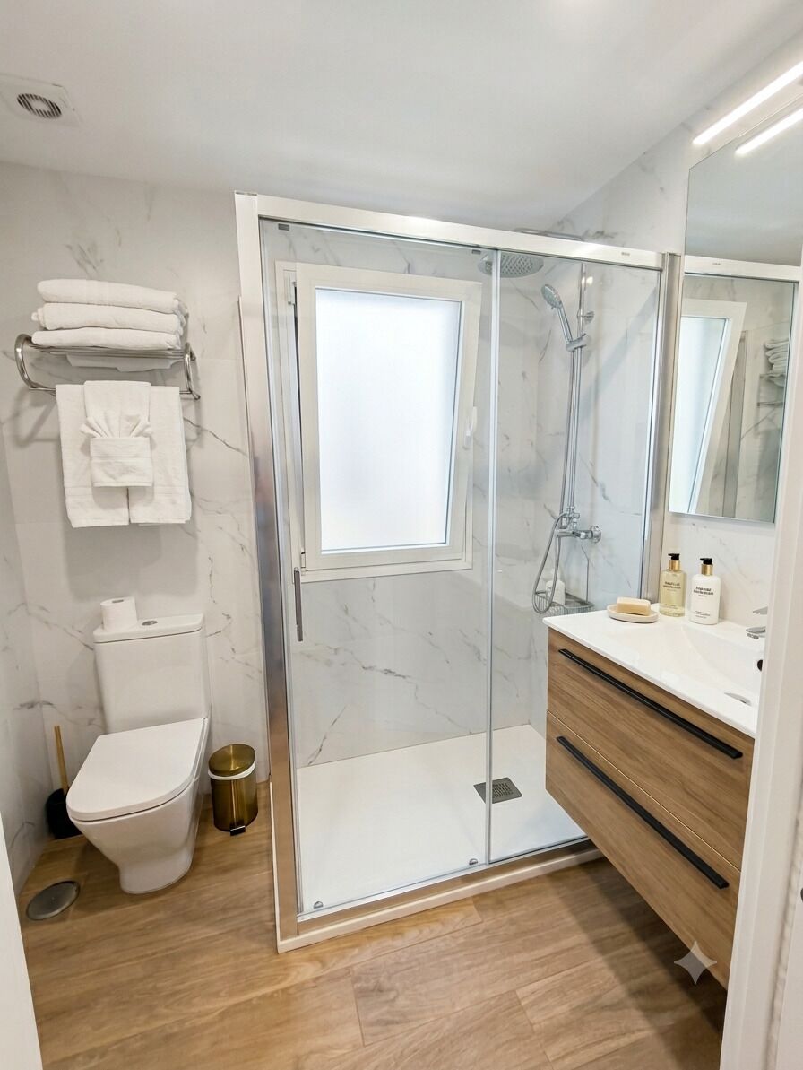 Een douche, een haardroger, handdoeken, zeep