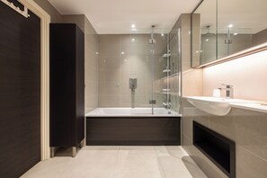 Hair dryer, towels, soap, toilet paper