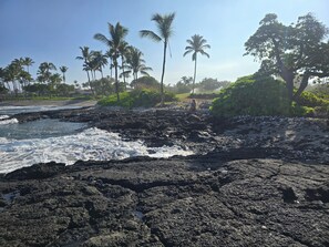 On the beach, sun loungers, beach towels