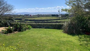 Paisaje rural con un campo cubierto de pasto, un granero rojo y colinas a lo lejos.